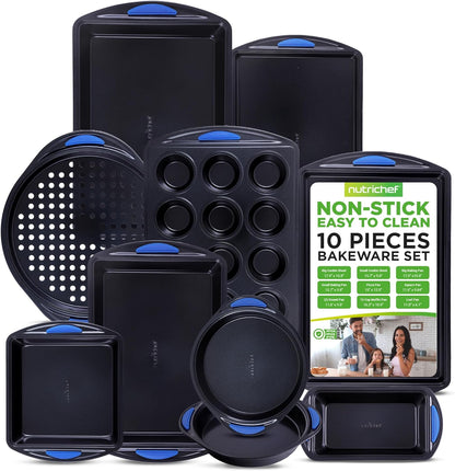 NutriChef 10-Piece Nonstick Bakeware Set - Heavy Duty Carbon Steel with Silicone Handles | Includes Cookie Sheets, Muffin Pan, Pizza & Loaf Pans