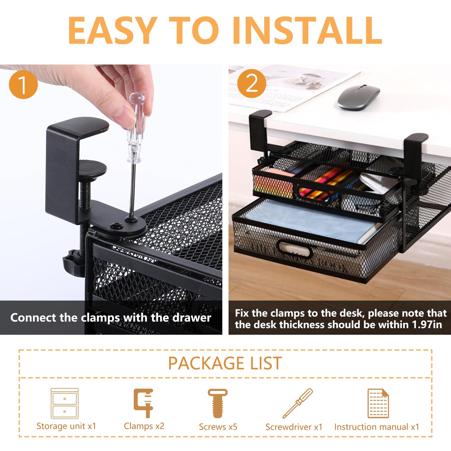 ROLIZOE Sliding Under Desk Drawer Organizer No Drilling 2 Drawers Slide Out Desktop Or Under Table Storage Metal Clamp On Desk Drawer Attachment Anti-Slip Under Desk Organizer for Home & Office
