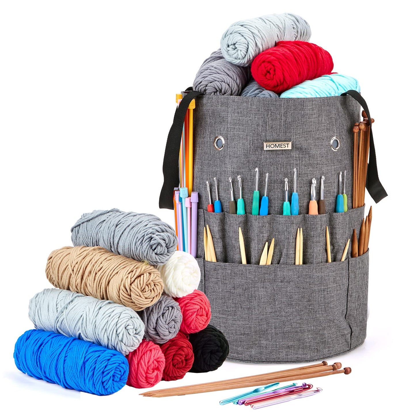 HOMEST Large Crochet Bag with Customized Front Compartment for Knitting Accessories, Yarn Storage with 6 Oversized Grommets, Tote Organizer with Drawstring Closure, Gray