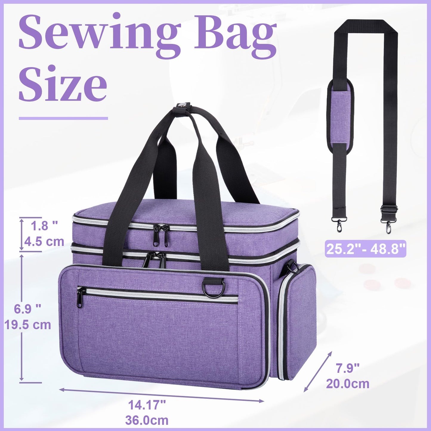 Anitor Large Sewing Supplies Organizer, Double Layer Sewing Storage Organizer with Two Detachable Dividers, Travel Sewing Bag Organizer with Shoulder Strap for Accessories, Purple, (Bag Only)