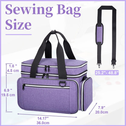 Anitor Large Sewing Supplies Organizer, Double Layer Sewing Storage Organizer with Two Detachable Dividers, Travel Sewing Bag Organizer with Shoulder Strap for Accessories, Purple, (Bag Only)