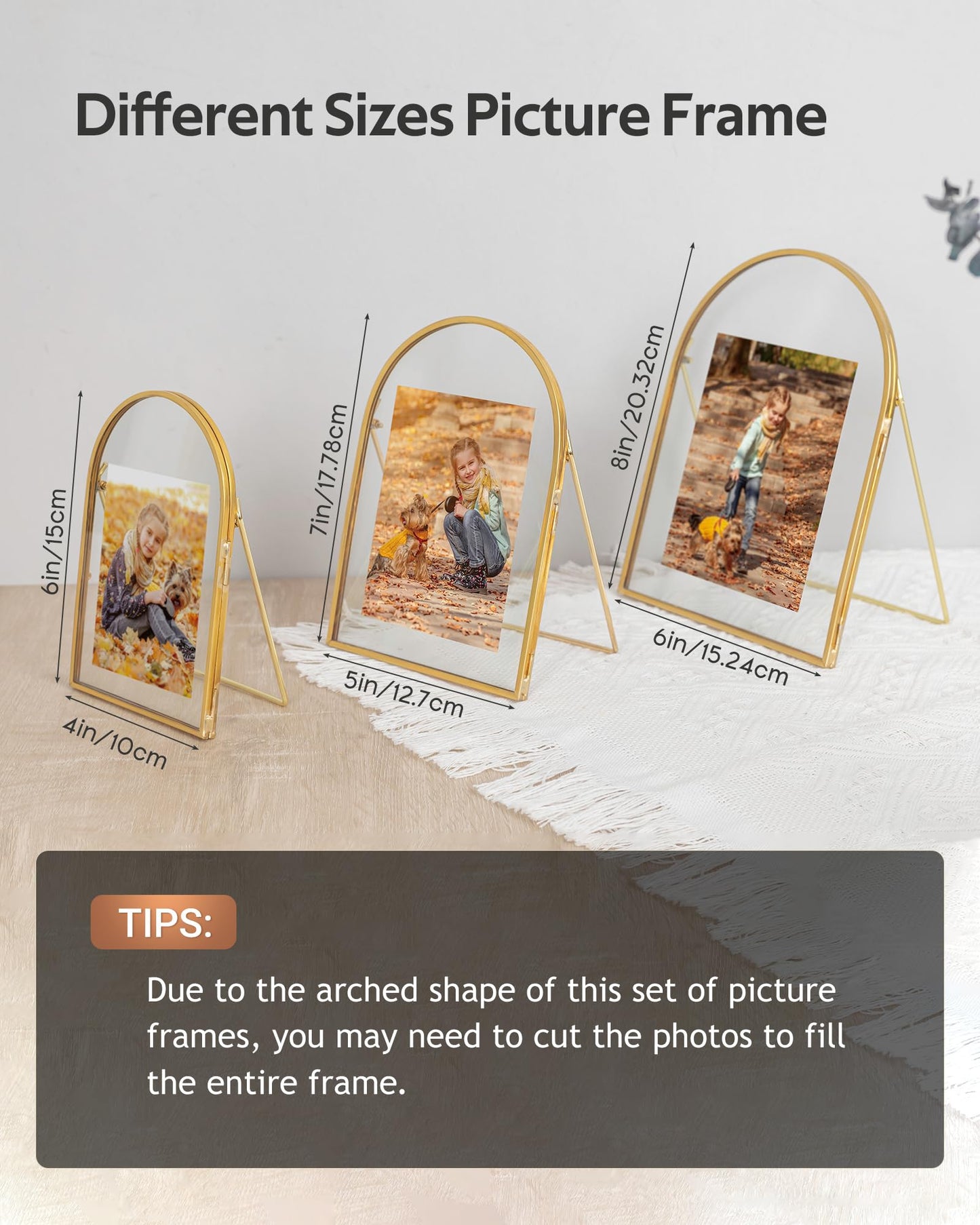 Jajamy Set of 3 Gold Floating Picture Frame, 4x6, 5x7, 6x8 Arched Glass Floating Frames, Vintage Brass Gold Picture Frame for Artwork Photos Tabletop Display