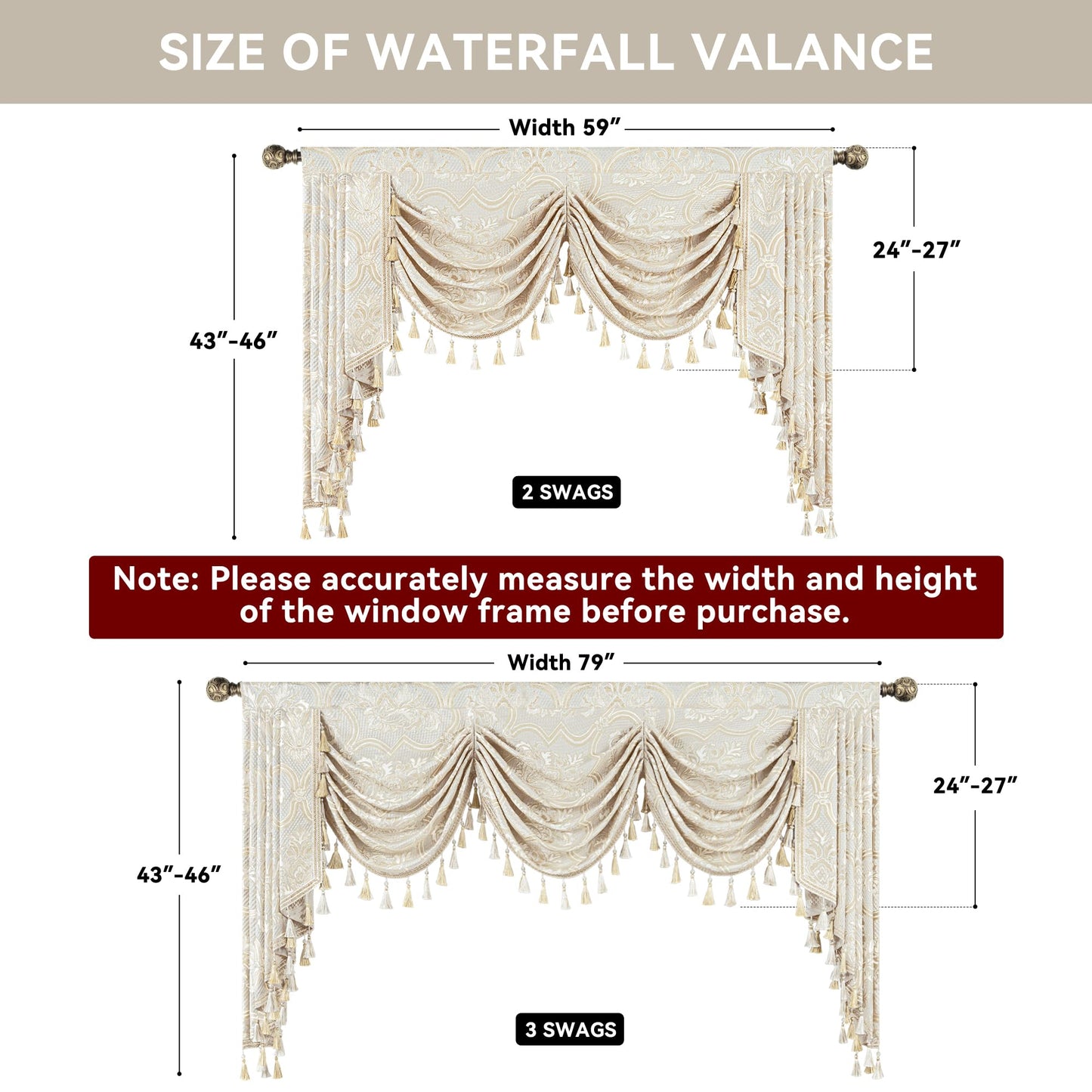 Loom and Mill European Elegant Waterfall Valance for Living Room, Luxury Jacquard Frame Swag Valances with Tassels, Beige Gold Floral Swag Curtains for Bedroom Window Holiday Decor(W59 Inch,1 Panel)