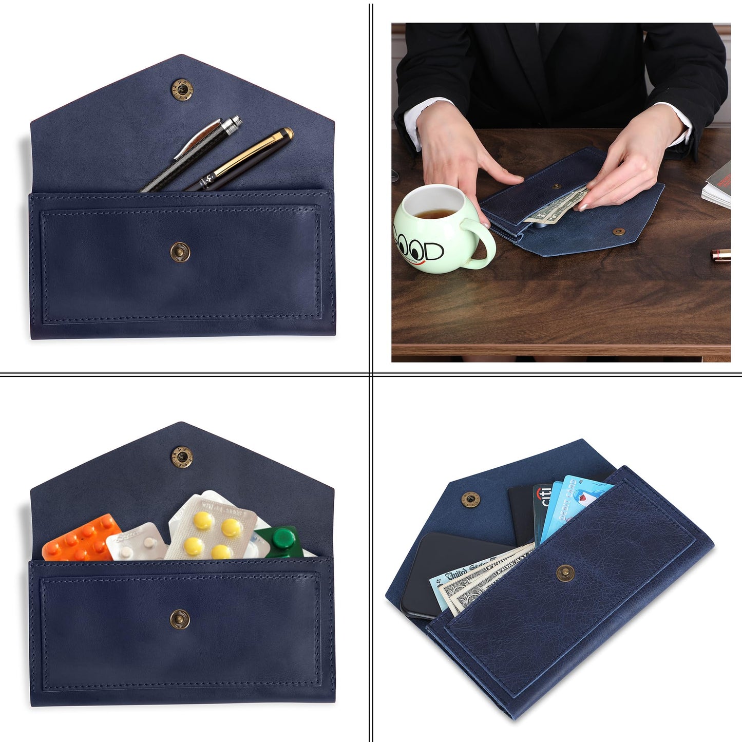 TheAntiq Blue Leather Cash Envelopes for Money Pouch Currency Holders - Soft Leather Money Bag Mobile Holder for Travel - Genuine Leathers Wallets for Women Money Bag - Travel Money Pouch Cash Holder