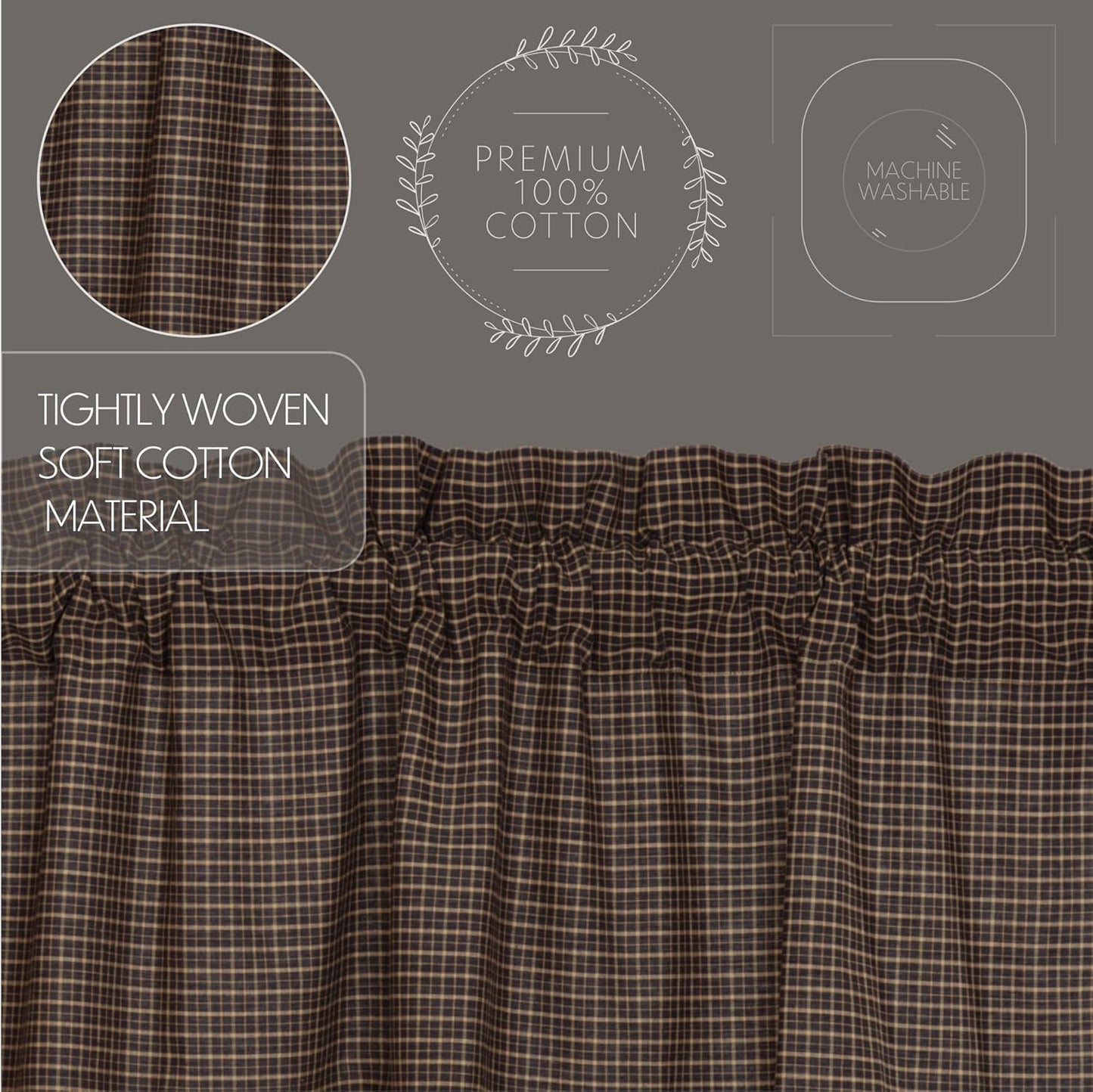 VHC Brands Kettle Grove Window Curtain, Plaid Valance Scalloped, Black, 16x72