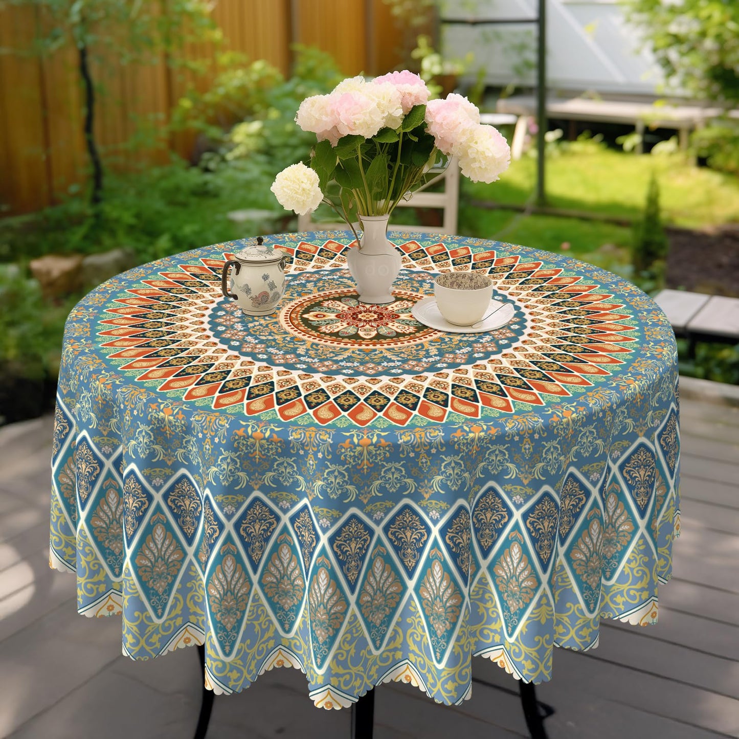 Eikione Bohemia Round Tablecloth,Tablecloth Waterproof and Wrinkle-Free, Boho Table Covers, Summer Decorations for Home 60inch