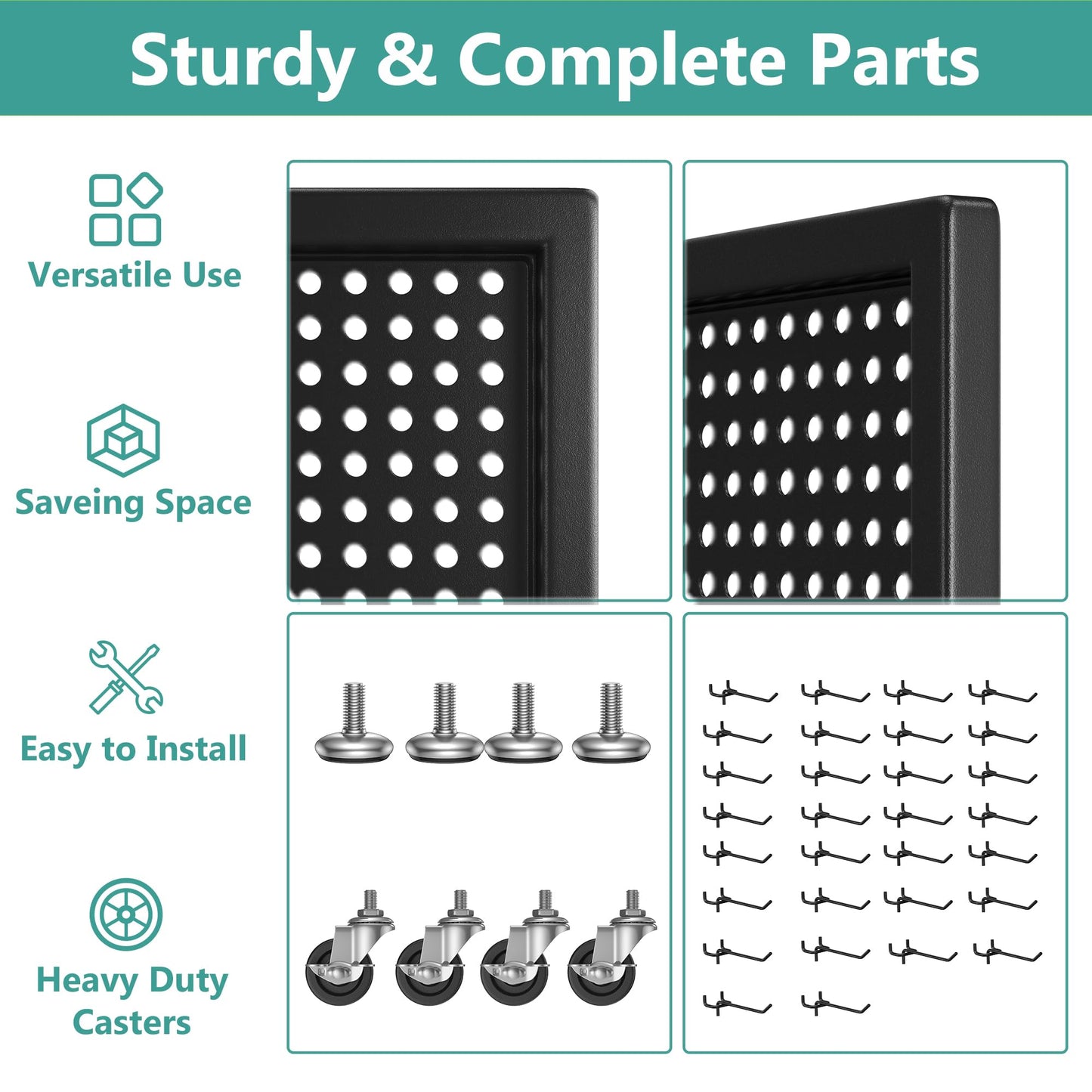 CursorTech Peg Board Display Stand with Extra 32 Hooks 24" X70” Metal Pegboard on Wheels and T-Base Standing Rack Organizer Units for Ornament Retail & Vendors Craft Show Store Display