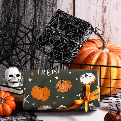 LeZakaa Halloween Wrapping Paper Roll & 13" Gift Bag with Tissue Paper, Gift Tag, and Card, Evil Pumpkin Fluorescent Black