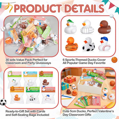 Deekin 30 Packs Valentines Gifts for Kids 2 Inches Sports Valentines Rubber Ducks Valentine's Day Exchange Gifts for Boys Girls School Classroom Prizes Cruise Ships Party Favors
