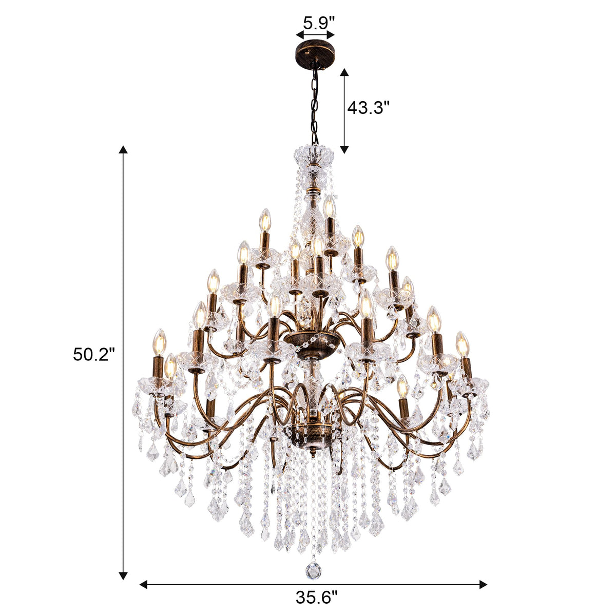Wellmet Black Chandelier Light Fixture, Luxury Maria Theresa Crystal Chandeliers for High Ceiling Foyer, 24 Lights Hanging Pendant Light for Living Room EntryWay Hall Staircase Large 35.66" (Bronze)