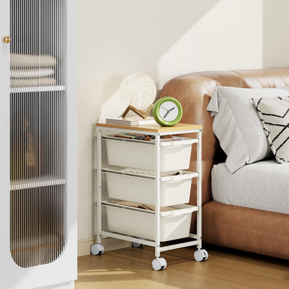 Rolling Storage Cart with 3 Drawers, Craft Organizer, Wooden Tabletop Utility Cart for Bedroom, Children's Room and Office Organization, Under Desk Trolley with Lockable Wheels,White