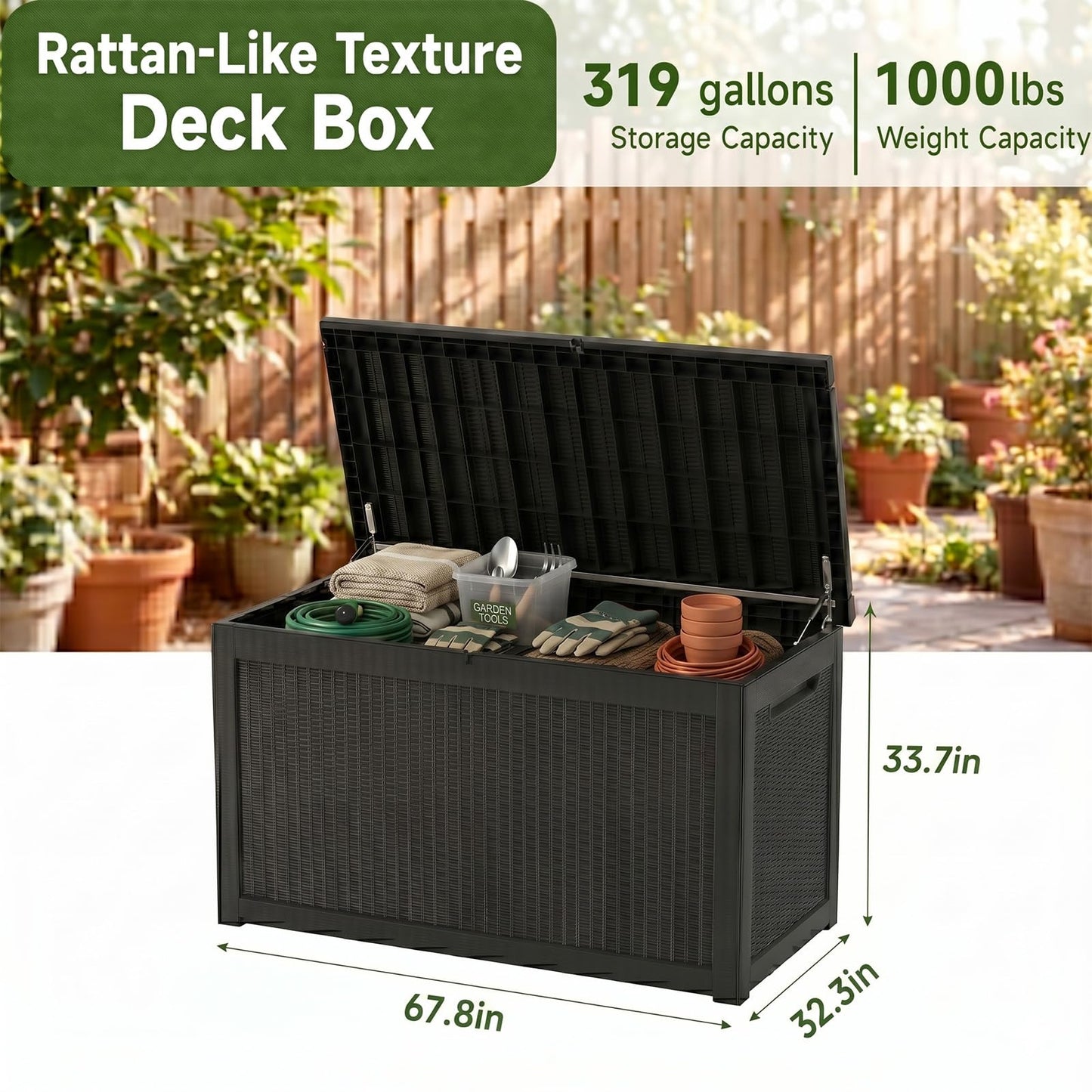 319 Gallon Extra Large Outdoor Storage Box, Waterproof Deck Box with Lockable Lid, Resin Outside Storage Box for Patio Furniture, Pool Accessories, Garden Tools, Storage Bench for Backyard,Porch,Black