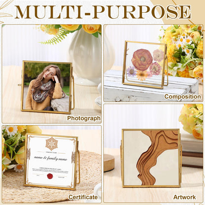 Vicenpal 5 Pack Glass Pressed Flower Frame Handmade, 4 x 4 floating Picture Frames for Pressed Flowers, Brass Double Glass for Tabletop Display, Home Office Plant Specimen, Photos(Gold)