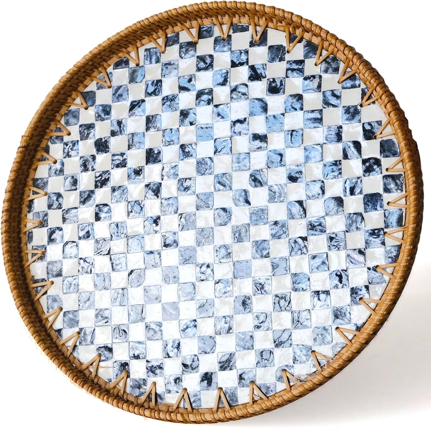 13.8 in Round Rattan Tray with Mother of Pearl Inlay, Wicker Serving Tray Mother for Decor, Rattan Round Wicker Coffee