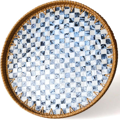 13.8 in Round Rattan Tray with Mother of Pearl Inlay, Wicker Serving Tray Mother for Decor, Rattan Round Wicker Coffee