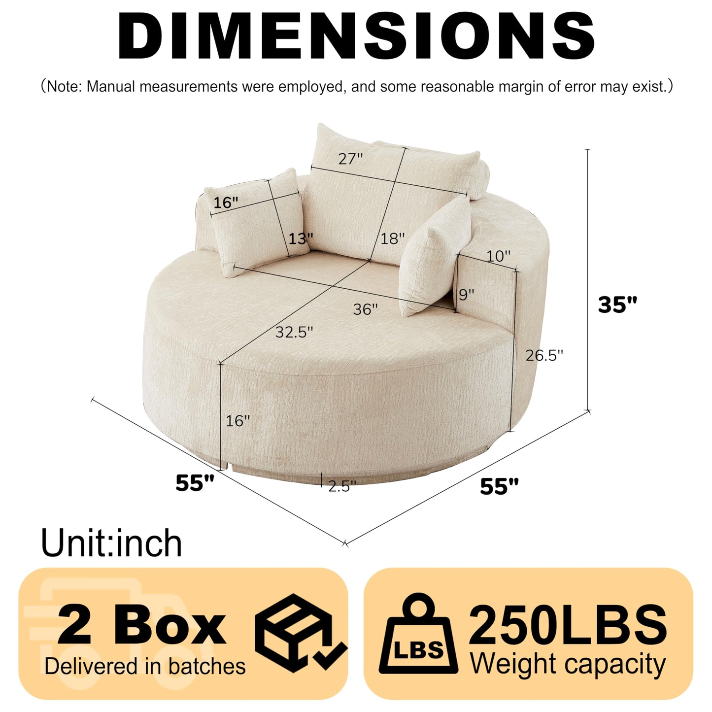 KEIKI 55" Chenille Accent Chair, Sponge Barrel Chairs Upholstered Round Sofa, Single Couch Armchair for Living Room, Beige