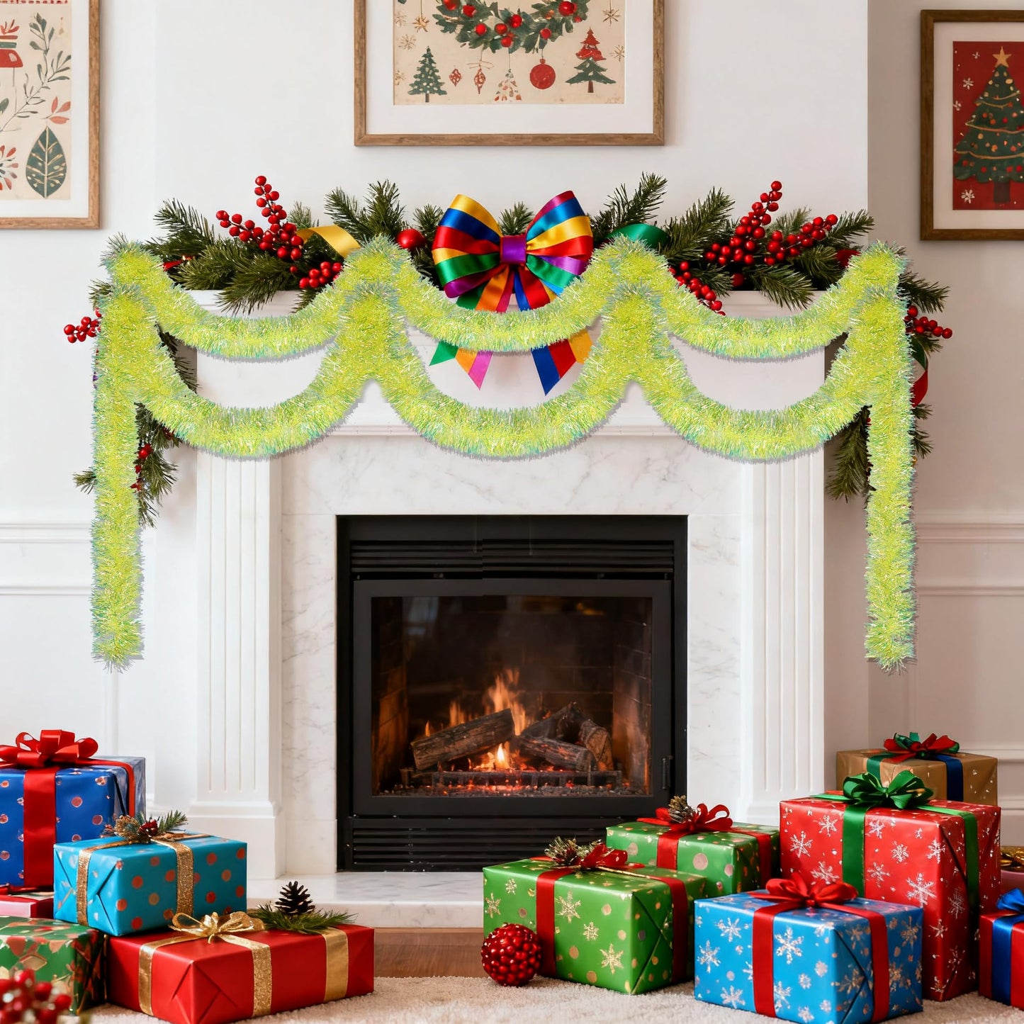 JXITON 33FT Christmas Tinsel Garland Lime Green Metallic Hanging Twisted Garland for Christmas Tree Fireplace Mantle Xmas Party Home Decoration