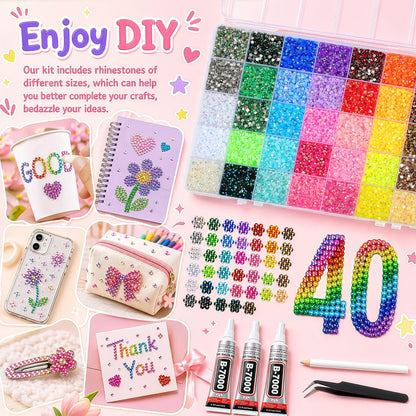 40000 Pcs Resin Jelly Rhinestones for Bedazzling Kit, 40 Colors 3mm Flatback Rhinestones with 3 Pcs B7000 Jewelry Glue & Tools, Bedazzler Kit for Clothes Book Shoes DIY Nails & Art Makeup