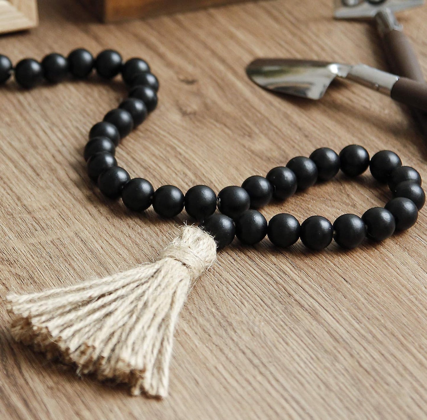 58in Wood Bead Garland with Tassels, Farmhouse Rustic Country Decor, Prayer Boho Wall Hanging Decoration (Black)