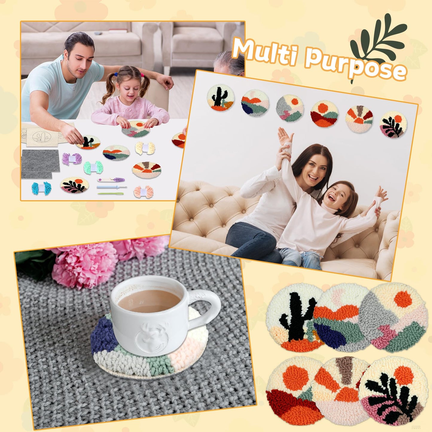 Punch Needle Coaster Kit for Beginners 6 Patterns Scenery Designs Embroidery Punch Needle Kit with Adhesive Felt Yarns Hoop Instruction Punching Decoration DIY Coaster Art Kits for Adults Beginner Kid