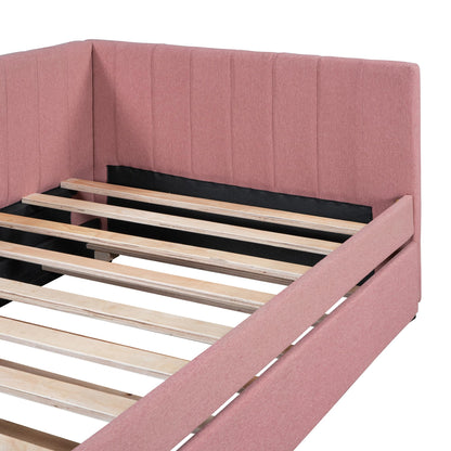 ACQCA Twin Size Upholstered Linen Daybed with Trundle,Semi-Closed Design,Solid Wood Bed Frame,W/Backrest and Slat Support,No Box Spring Needed,for Apartment Bedroom,Pink