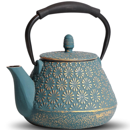 MILVBUSISS Cast Iron Teapot, 32oz Japanese Sakura Blossom Pattern Tea Kettle, Stovetop Safe, Infuser for Loose Leaf & Coffee, Silicone Handle, Enamel Interior, 950ml Blue