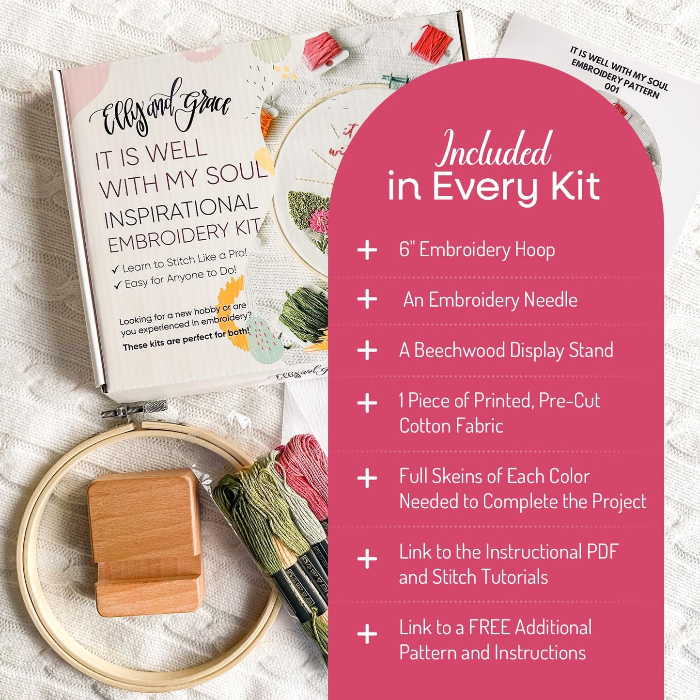 Elly & Grace Christian Embroidery Kit with Embroidery Hoop, Easy Embroidery Kit for Beginners and Adults, Full Embroidery Hoop Kit with Needles and Thread Included (It is Well)