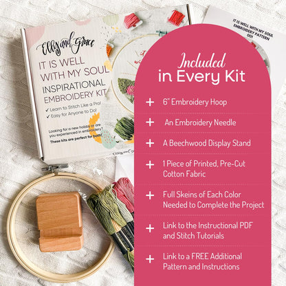 Elly & Grace Christian Embroidery Kit with Embroidery Hoop, Easy Embroidery Kit for Beginners and Adults, Full Embroidery Hoop Kit with Needles and Thread Included (It is Well)