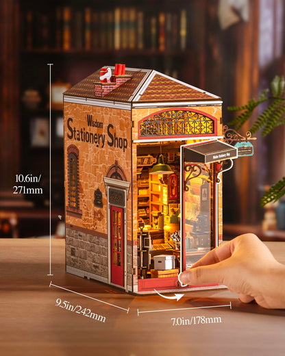 Rolife Wisdom Stationery Shop DIY Book Nook Kit, 8-Hour Advanced Level 3D Wooden Puzzle, Bookshelf Insert Decor, Miniature House Kit with LED Light, Cozy Reading Corner Gift for Adults & Book Lovers