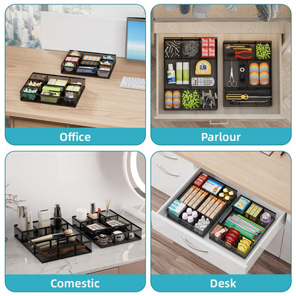 Marbrasse 2 Pack Desk Drawer Organizer, Mesh Drawer Organizer Tray with 8 Adjustable Compartments, Desk Organizers and Accessories, 5 Dividers Drawer for Office Supplies, Makeup & Vanity (Black)