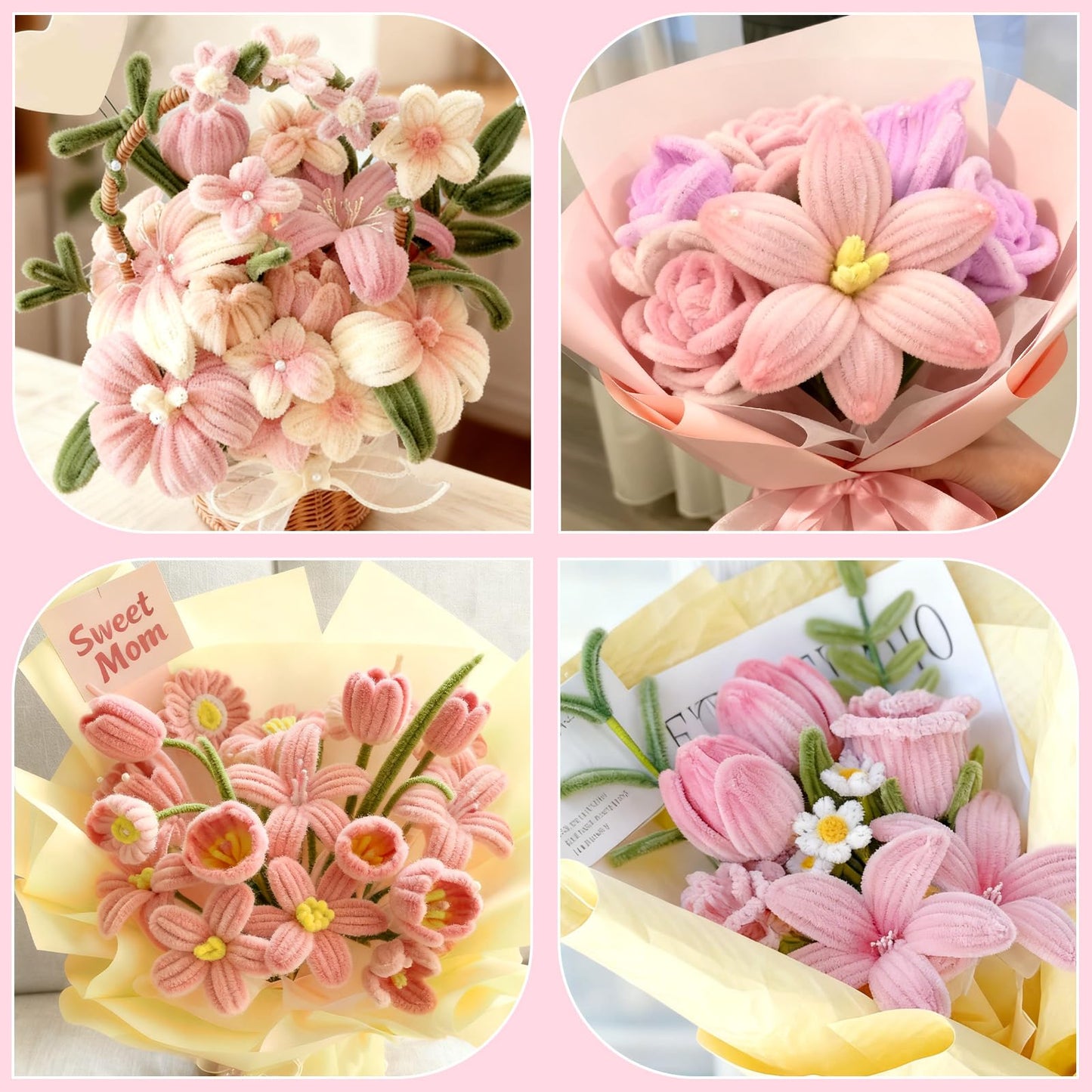 Morcheiong 480 Pcs Pipe Cleaners Tulip Craft Flower Making Kit for DIY Arts Craft Supplies- Pink Series
