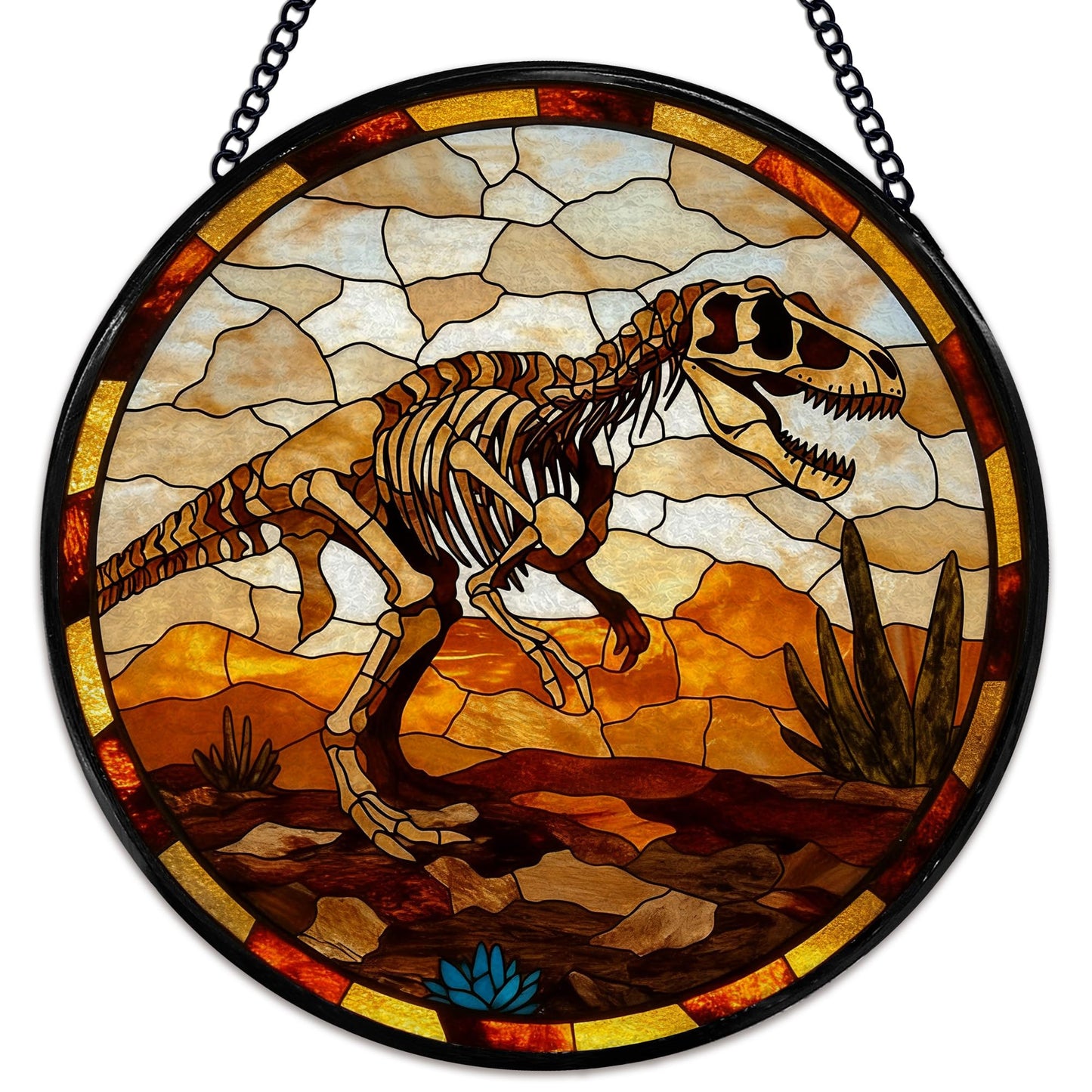 Hiuwevt Dinosaur Skeleton Suncatcher Stained Glass Window Hanging, Prehistoric Dino Fossil Sun Catchers Indoor Window Glass Wall Art Decor, Dinosaur Round Wall Hanging Decorations, 7.9x7.9 inch