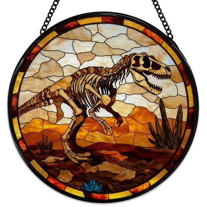 Hiuwevt Dinosaur Skeleton Suncatcher Stained Glass Window Hanging, Prehistoric Dino Fossil Sun Catchers Indoor Window Glass Wall Art Decor, Dinosaur Round Wall Hanging Decorations, 7.9x7.9 inch