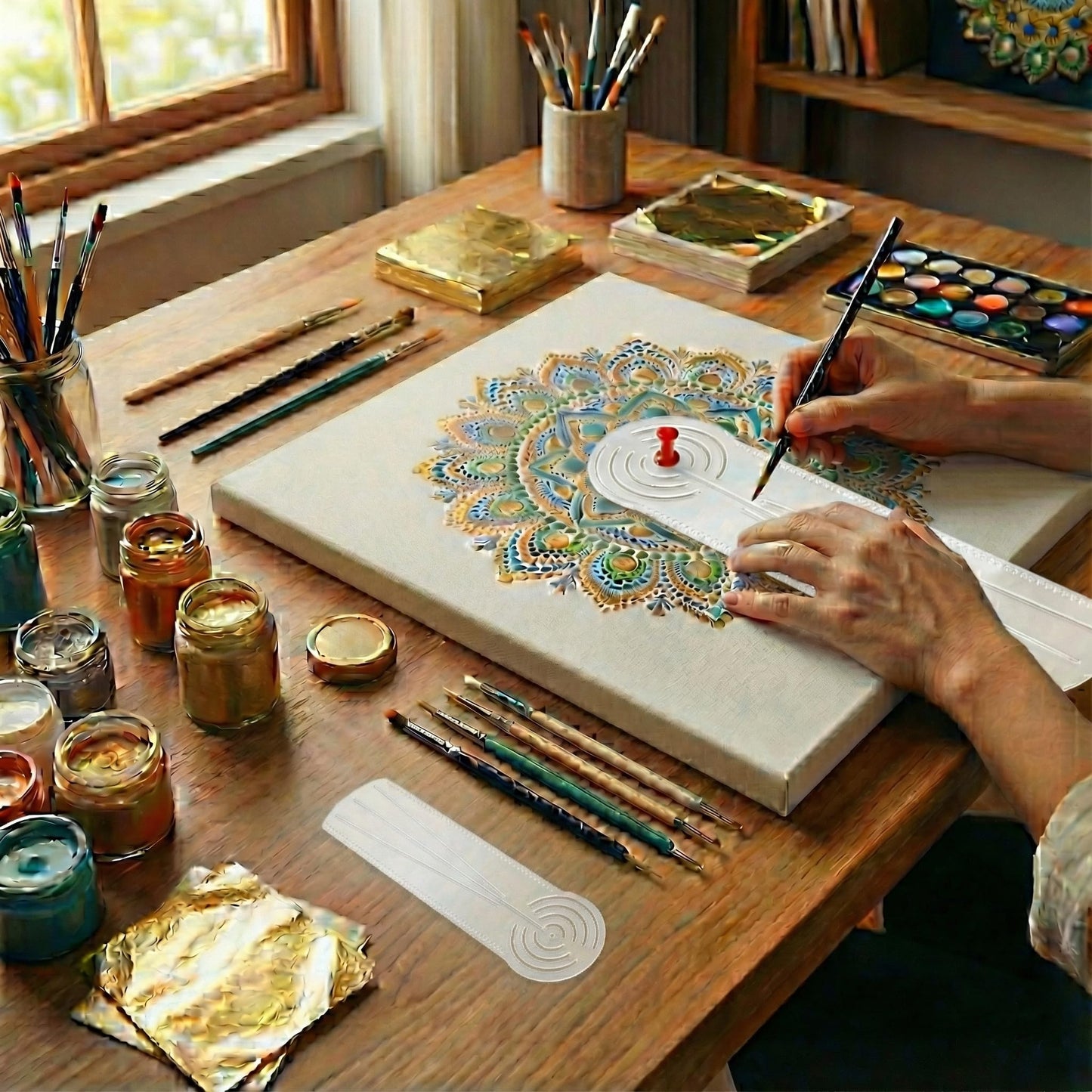 2PCS Mandala Ruler Circle Drawing Tool with 50 PCS Push Pins: Clear Acrylic Compass Circle Stencil - Draw Concentric Circles up to 8.5” & 19.5” for Dot Art, Geometric Patterns & Painting Grids