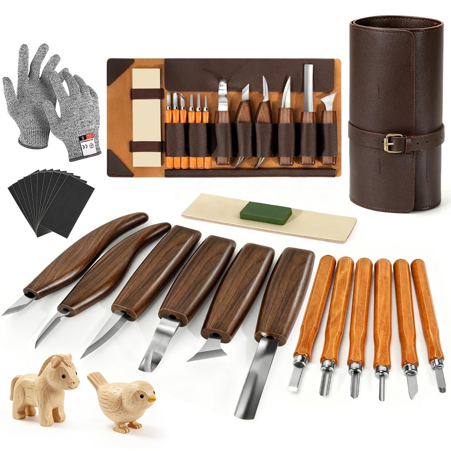 Wood Carving Tools, 17Pcs Wood Carving Kit with PU Storage Bag with 6Pcs Whittling Knives & 5 Detail Carving Knives for Adults Carving DIY