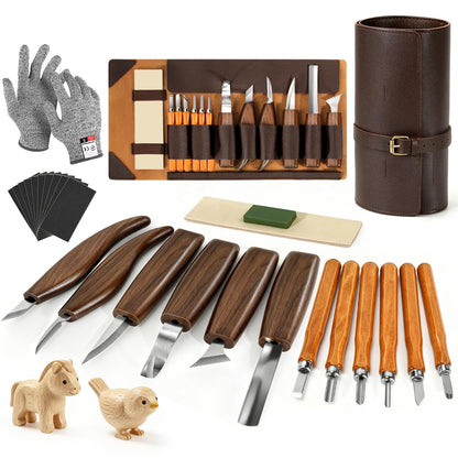 Wood Carving Tools, 17Pcs Wood Carving Kit with PU Storage Bag with 6Pcs Whittling Knives & 5 Detail Carving Knives for Adults Carving DIY