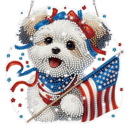 Bowetile 4th of July Diamond Art Hanging Kits for Adults,5D Diamond Painting Dog Window Pendant Kits, Special Shape Gem Art Suncatchers USA Flag Ornament for Home Garden Wall Decor Gifts
