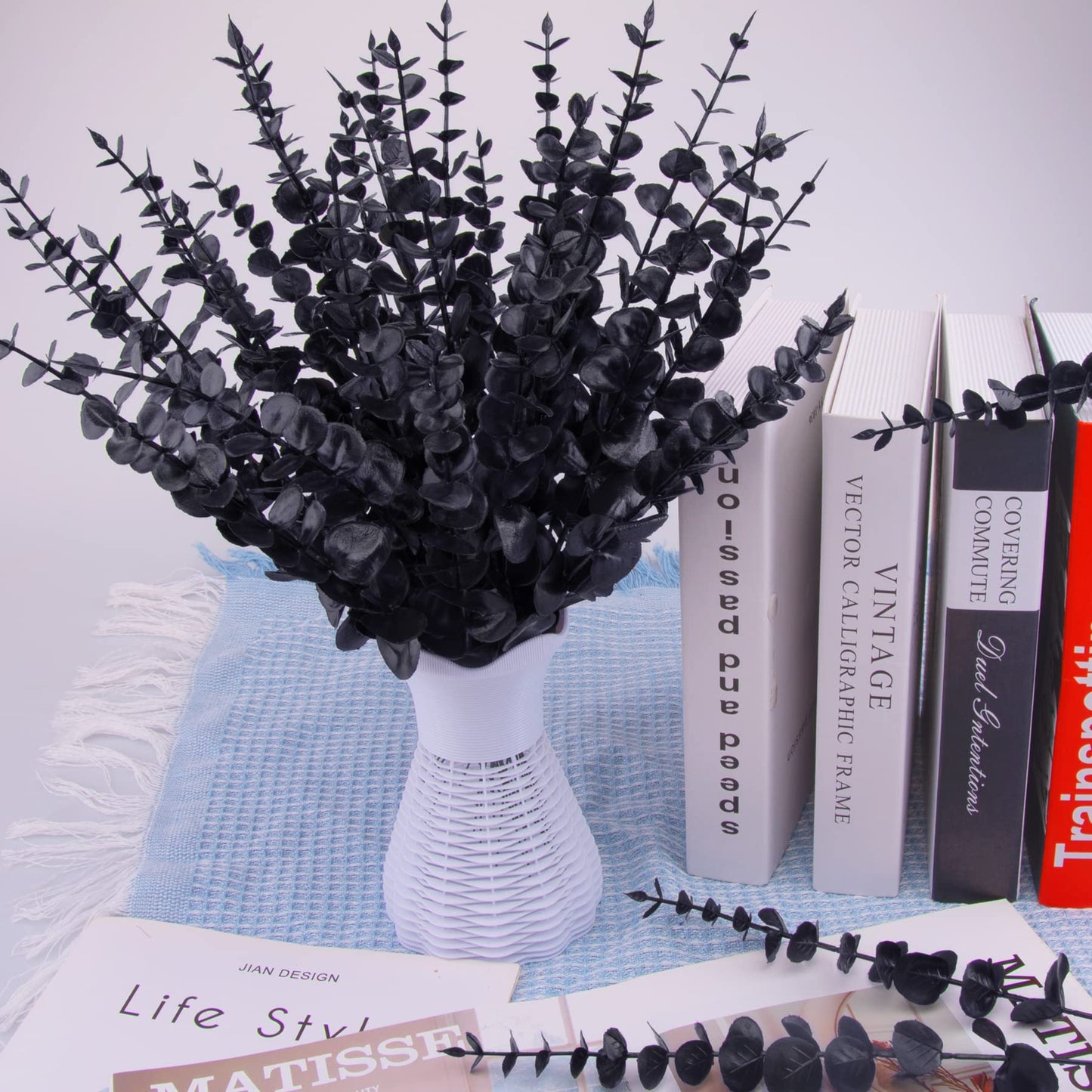 FEQO 36 Pcs Black Eucalyptus Stems Artificial Leaves Faux Eucalyptus Stems Branches 15 inch for Wedding Bouquet Home Decor