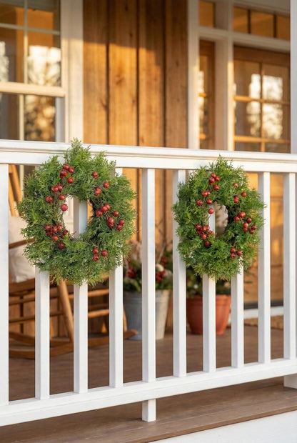 Fuxdre 2 Pcs Christmas Candle Rings Wreaths, 10 Inch Candle Wreath with Artificial Red Berries and Cedar, Christmas Candle Holder Indoor Decor for Home Kitchen Cabinets Centerpieces for Tables
