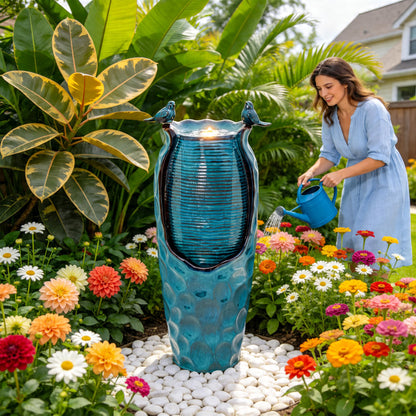Autodaya 32.5" H Ceramic Jar Outdoor Fountain, Honeycomb Pot Water Feature with LED Lights, Soothing Trickling Waterfall for Garden, Patio, Yard, Balcony Oasis, KD Vivid Birds, Turquoise Glaze