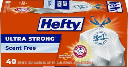 Hefty Ultra Strong 13 Gallon Trash Bags - Drawstring Closure for Odor Control | 40 Unscented Bags