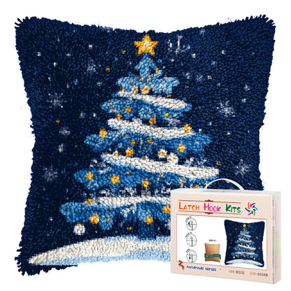 DIY Latch Hook Pillow Kits for Adults Merry Christmas Winter Christmas Tree Pillow Cover Printed Pillowcase Crochet Yarns Hooking Handmade Cushion for Home Sofa Decoration 17x17inch(3)