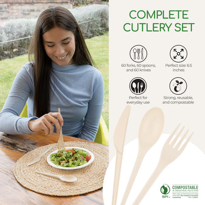 Living Balance Certified Compostable Cutlery 180 Pieces Set - CPLA 60 Forks, 60 Spoons & 60 Knives - Heavy Duty Flatware - Reusable, Zero Waste, Travel, Picnic, to Go & Kitchen Use - BPA Free