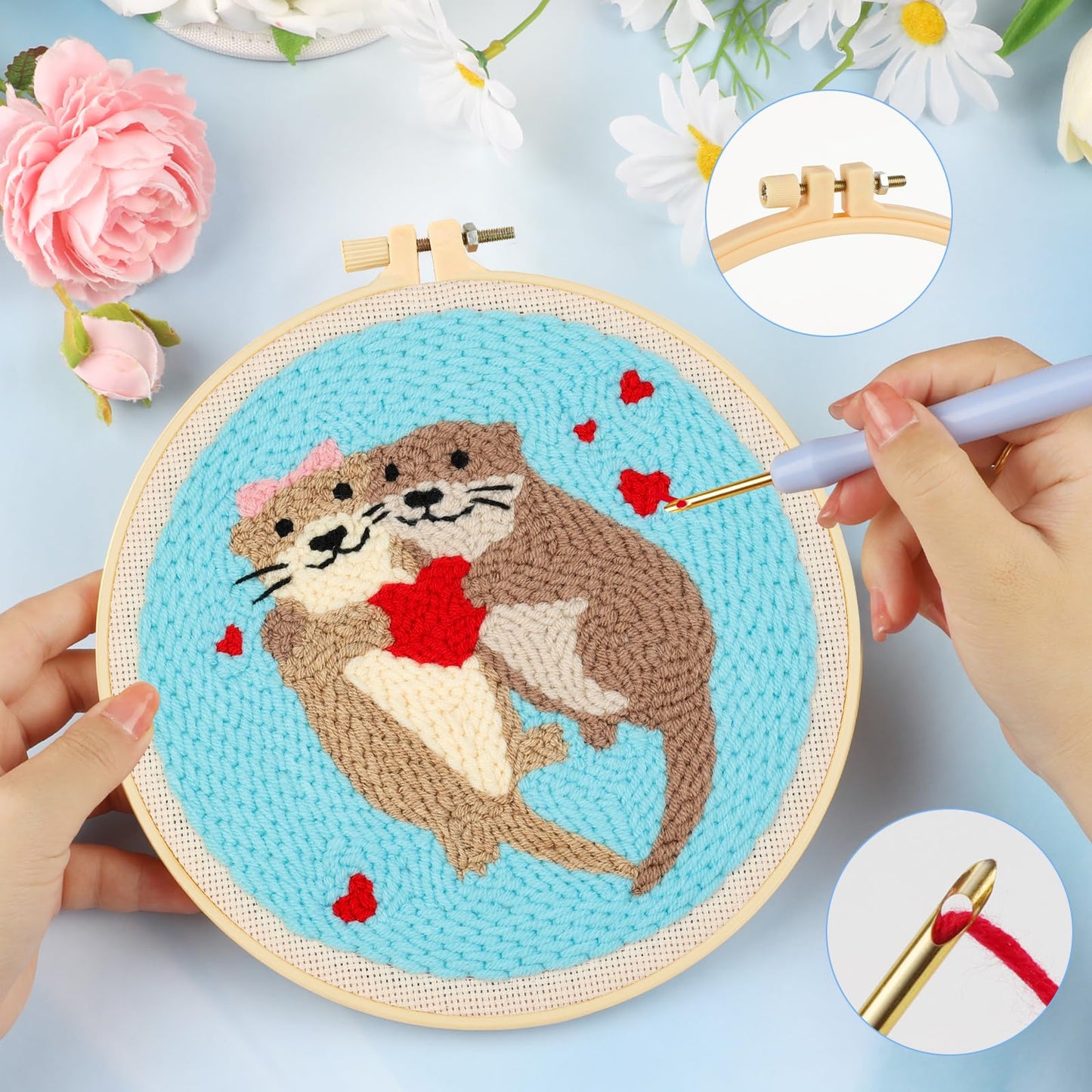 JSRQT Punch Needle Embroidery Starter Kits with Hoops Instructions Beginner Rug Hooking Pinch Craft Handcraft Tools Yarn Cute Pattern for Adults DIY Cross Stitch