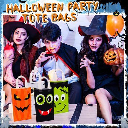 Sratte 24 Pack Halloween Non-Woven Treat Bags 6 Cute Patterns Design Trick or Treat Reusable Candy Goodies Bags with Handle Pumpkin Ghost Bat for Halloween Party Favors(10.63" x 9.06")