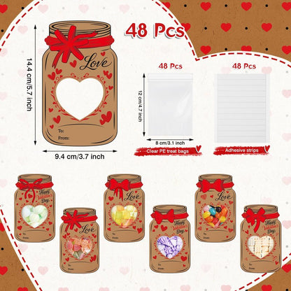 Honeydak 48 Set Valentine's Day Mason Jar Bows Cards Kit with Clear Treat Bags & Adhesive Strips, Happy Valentines Cards, DIY Goodie Bags, Valentines Exchange Card, Party Favors Supplies
