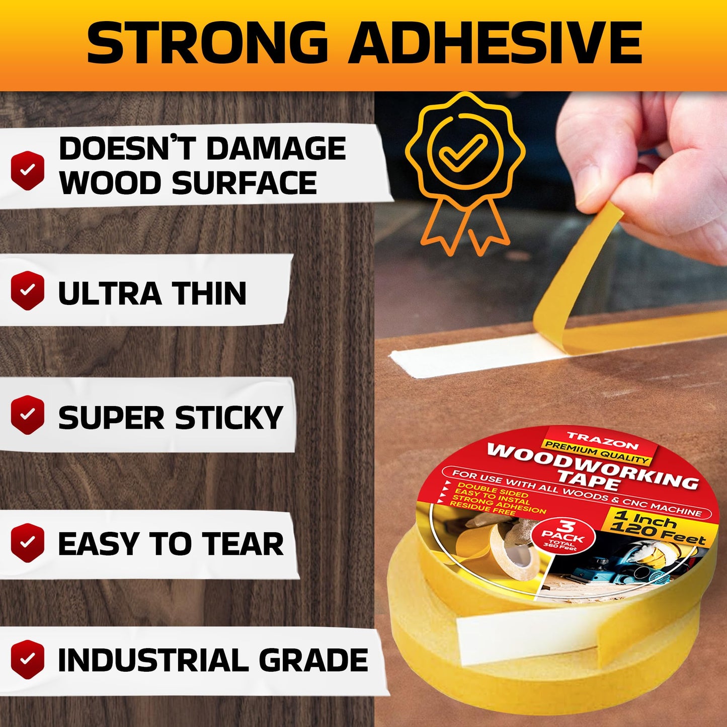 Trazon Double Sided Woodworking Tape Super Strong, 3 Pack, 1 Inch x 120 Feet, Wood Crafter Sticky Tool, Two Side Adhesive for Router Templates and CNC Machine, Removable & Residue Free