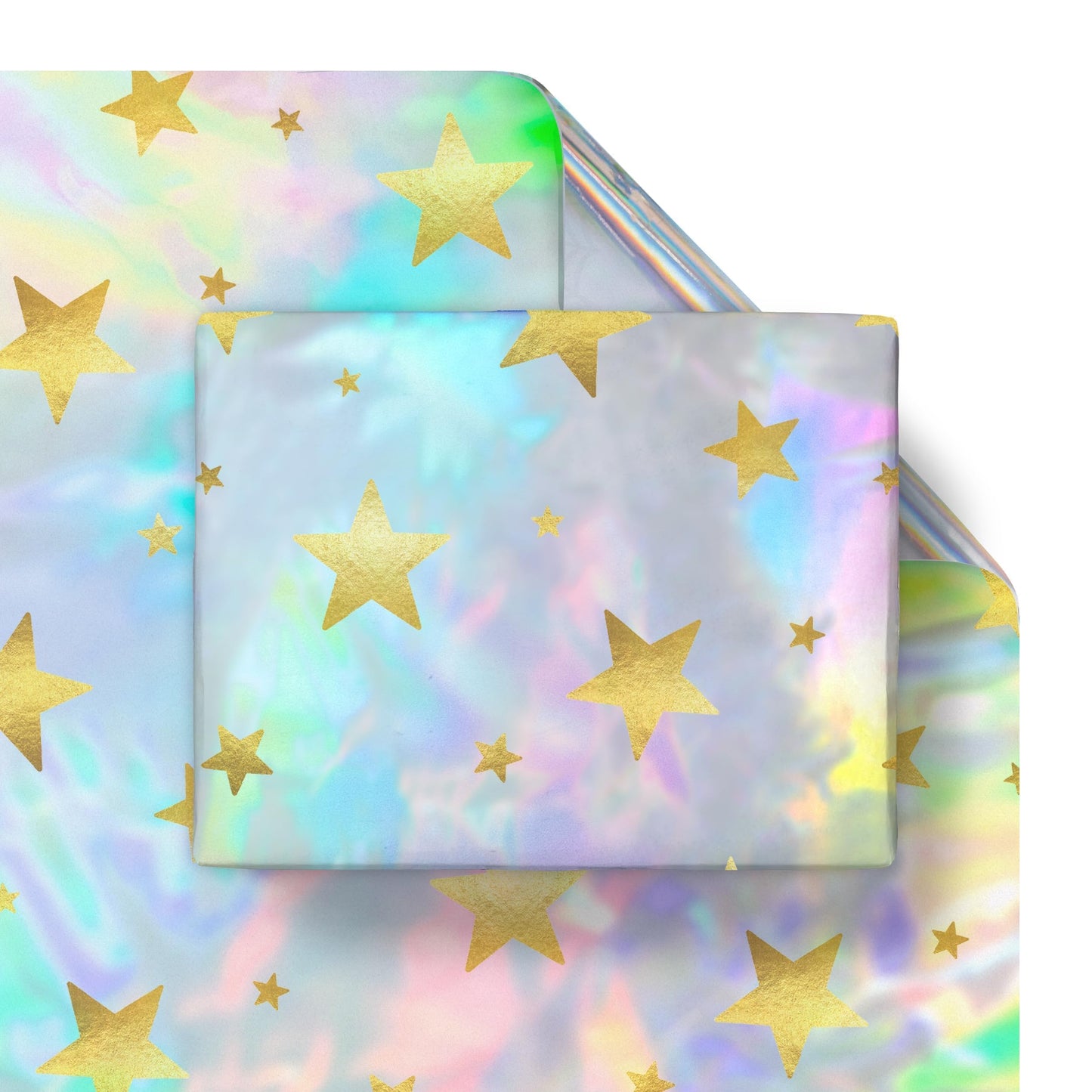 Cheerland Iridescent Gift Wrap Gold Star Holographic Wrapping Roll Foil Metallic Stars for Birthday Disco Baby Shower Celestial Starry Night Galaxy Wedding Bridal Halloween Euphoria Party Supplies