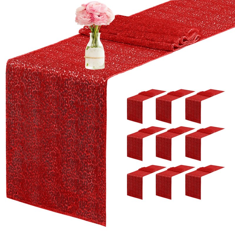 Yblut 10 Packs 12 x 72 inches Sequin Table Runner, Red Glitter Table Runner for Birthday Party Supplies Wedding Engagement Baby Shower Holiday Celebration Event Decorations