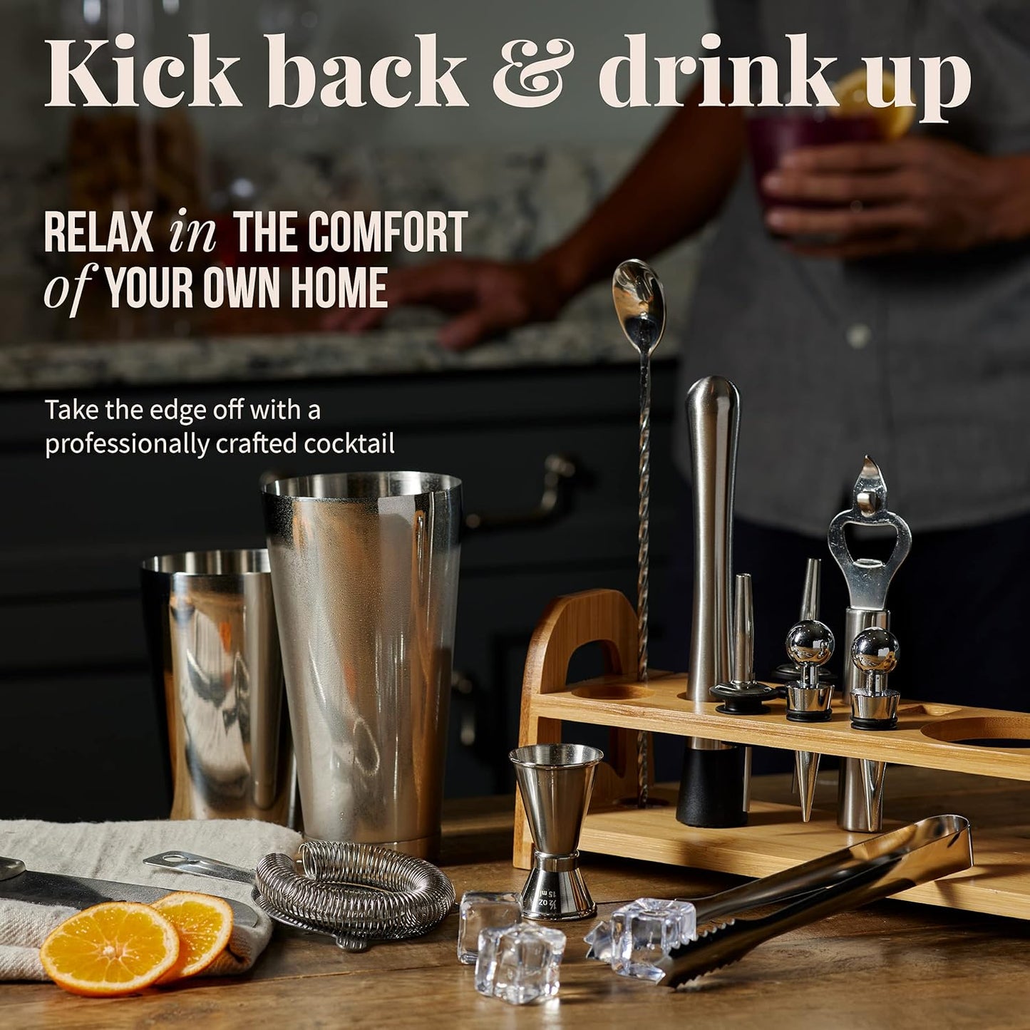 13 Set Mixology & Craft Bartender Kit - Piece Including Stainless Steel Cocktail Making with Bar Stand & Boston Shaker